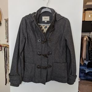 Dark Grey Pea Coat Removable Hood Elastic Cuffs